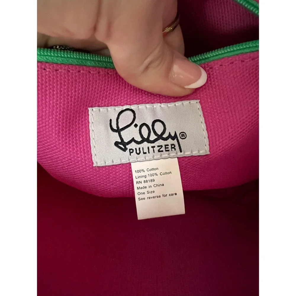 Lilly Pulitzer Tropical Frog Print Canvas Tote Bag Pink Green Palm Tree Zip